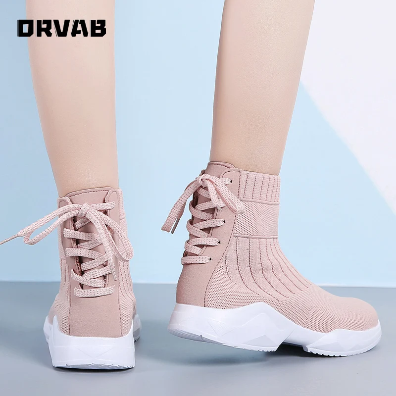 

Fashion Women Shoes Back Lace-Up Lightweight Sneakers Women High Top Sneakers Platform Walking Socks Shoes Summer Black Pink