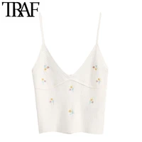 traf women sweet fashion floral embroidery cropped knitted blouses vintage backless thin straps female shirts chic tops
