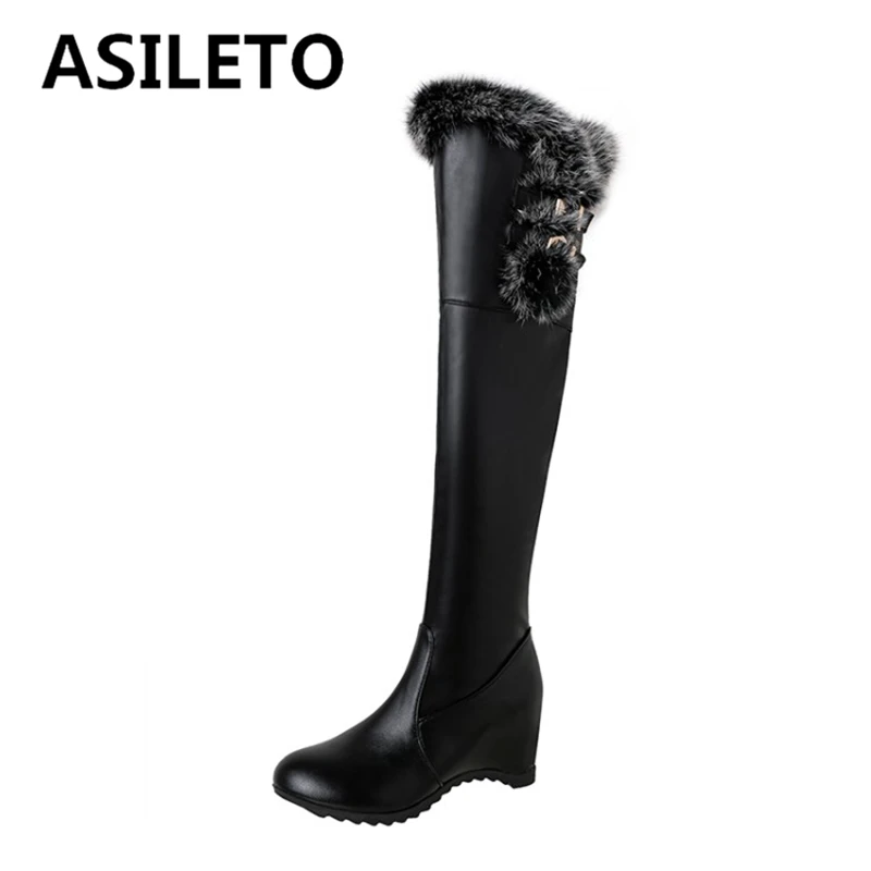 

ASILETO Botas altas mujer Winter Plush Over Knee Boots Round Toe Wedges Increase Slip-on Buckle Plus Size 34-43 Concise S2706
