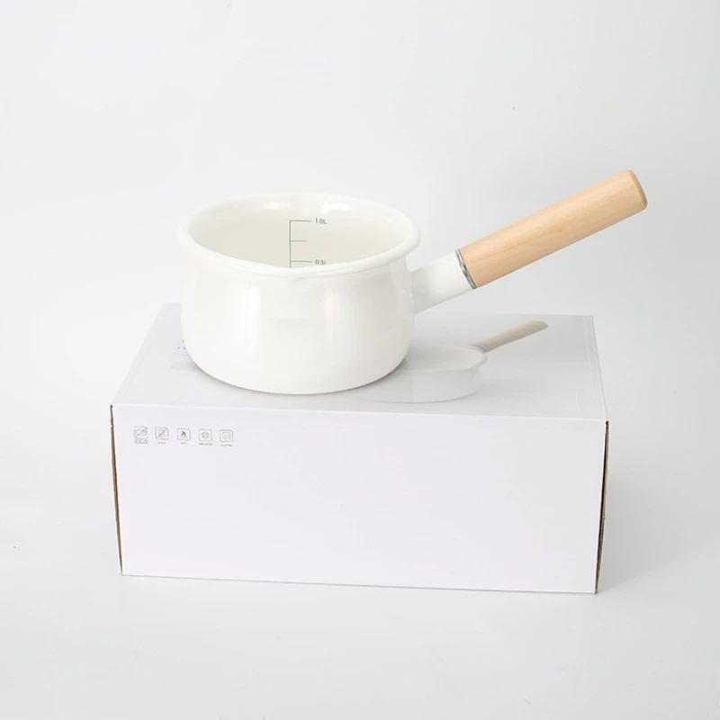 

1L Milk-pot Enamel Cooker Kitchen Ware Milk Pan Japanese Complementary Food Pot with 15 cm Single Wooden Handle For Kitchen