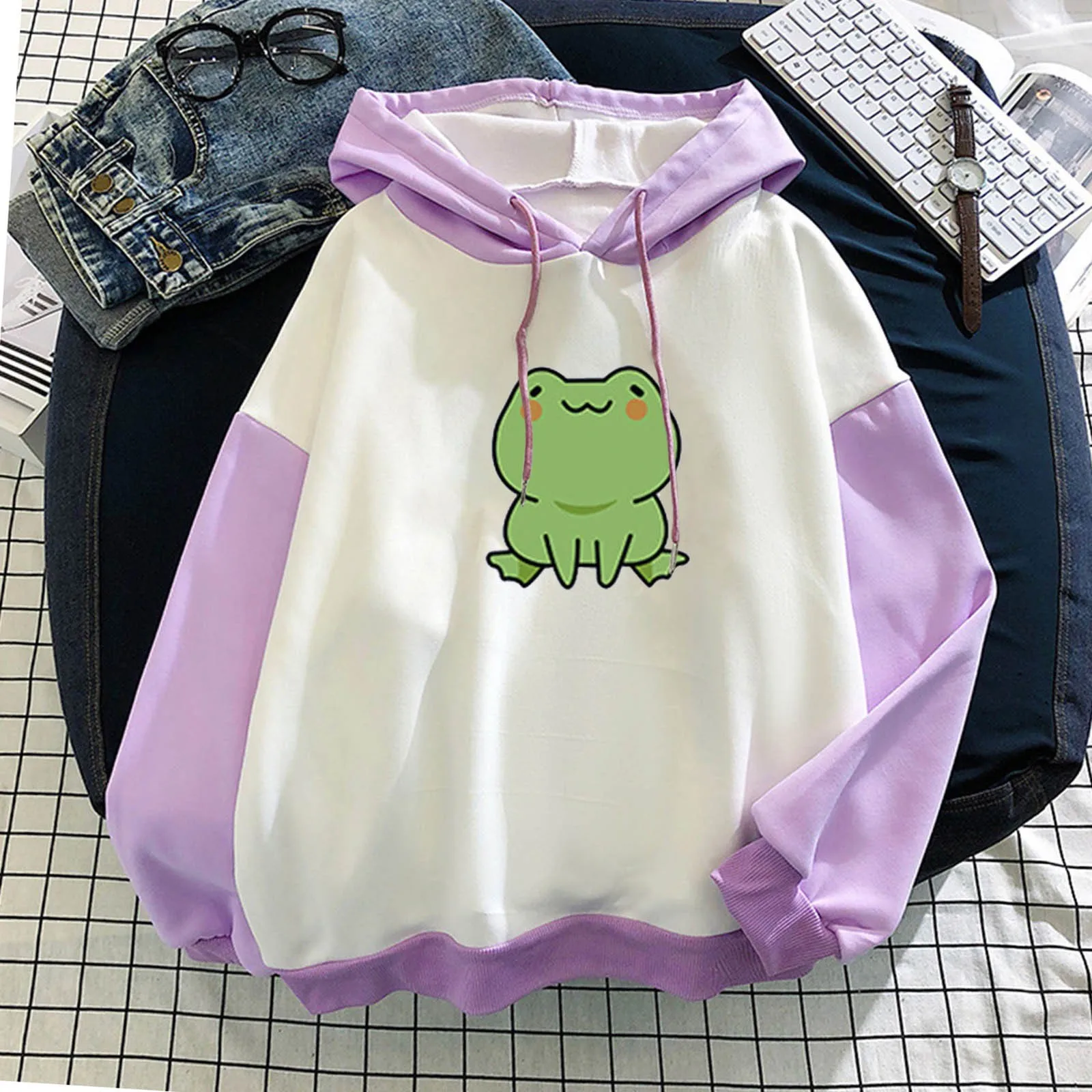 Kawaii Frog Hoodies Women Oversized 2021 Fashion Stitching Cute Plus Velvet Long-Sleeve Hooded Sweatshirt Top Harajuku Sudaderas