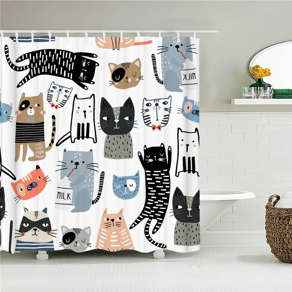 

High Quality Cartoon Cats Dogs Fabric Shower Curtain Waterproof lovely Animals Bath Curtains for Bathroom Decor with Hooks