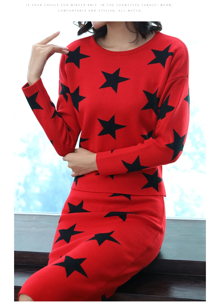 

New 2019 Winter Knit Suits Women Star Fashion Knitwear Pullover O Neck Sweaters Bodycon Skirts Two-Piece Clothing Set Casual