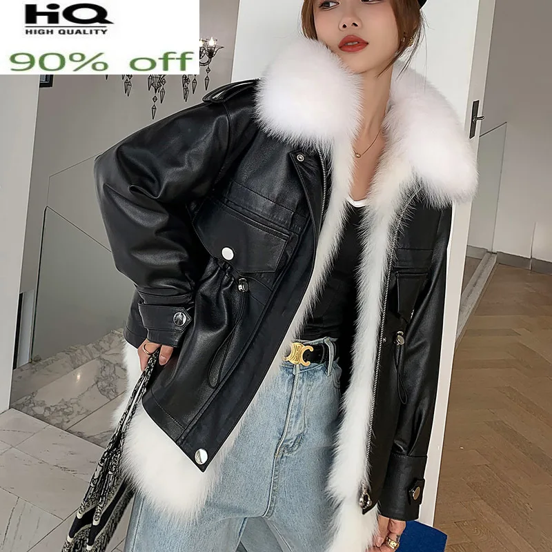 

Women's Leather Jacket Real Sheepskin Coat Female 90% White Duck Down Jackets Fox Fur Collar Winter 2022 Abrigo Mujer Pph2471