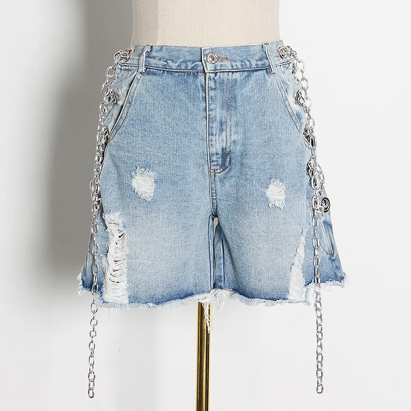 

CHICEVER Patchwork Sequined Shorts For Women High Waist Asymmetric Hole Hollow Out Streetwear Denim Blue Short Pant Female 2020