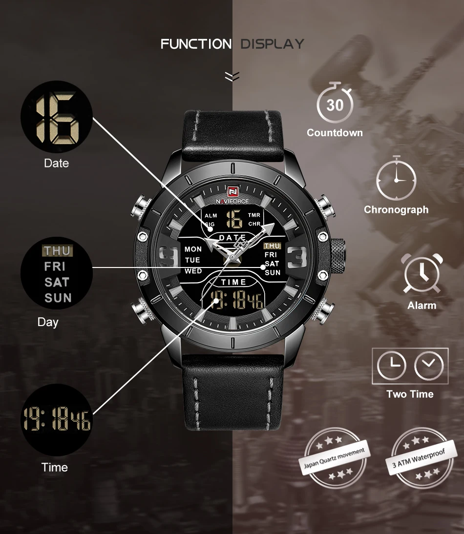 Для мужчин лидирующей марки Элитный бренд NAVIFORCE Для мужчин кожаные мужские кварцевые часы Аналоговые светодиодный цифровые часы Водонепроницаемый военные наручные часы