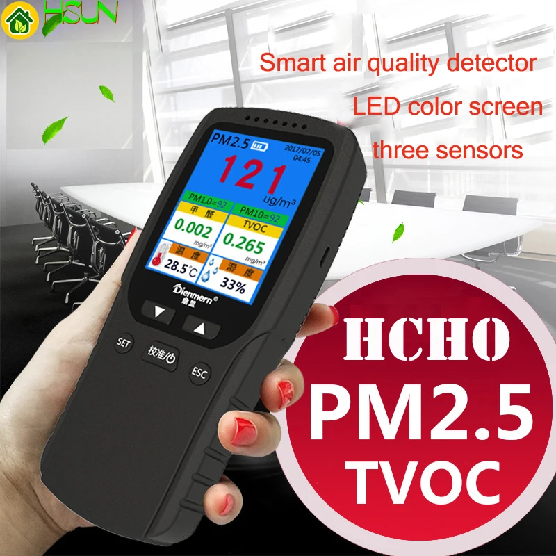8 in 1 English Menu Laser Air Quality Detector TVOC HCHO PM2.5 Haze Environment Detector Formaldehyde Detector Big LCD Digital