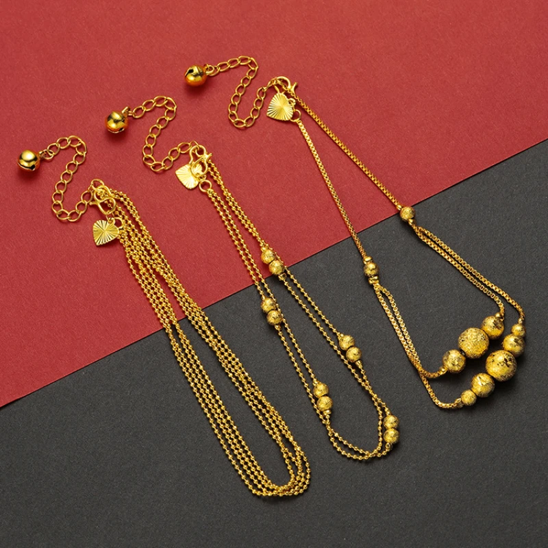 

Vietnam Sand Gold Gold-plated Brass Anklet Female Bell Transfer Bead Sexy Double Chain Anklet Fashion Wedding Jewelry Women