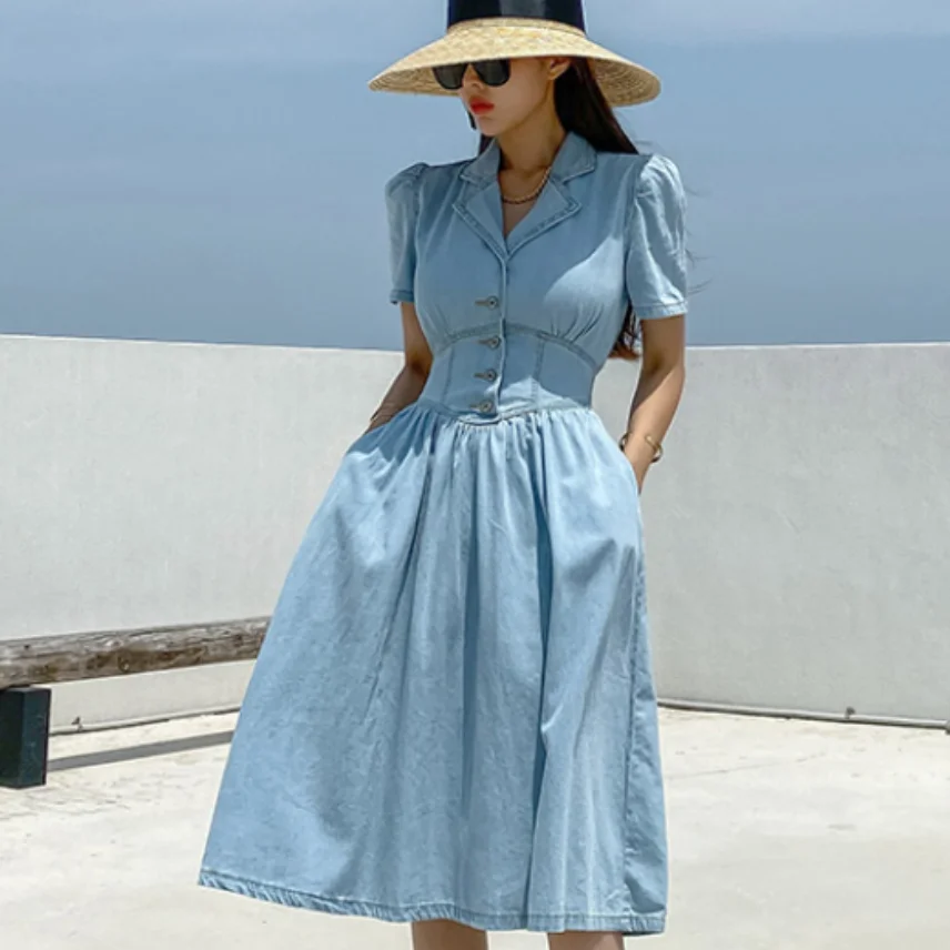 Новое летнее винтажное джинсовое платье с вырезом на спине и отложным воротником, с короткими рукавами, элегантное.