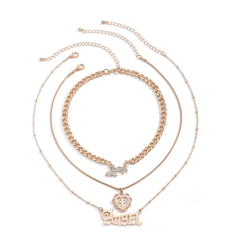 

3PCS Chain Necklace Set Vintage Cross Pendant Layered Letter Butterfly Necklace Choker With Rhinestones For Women's Accessories