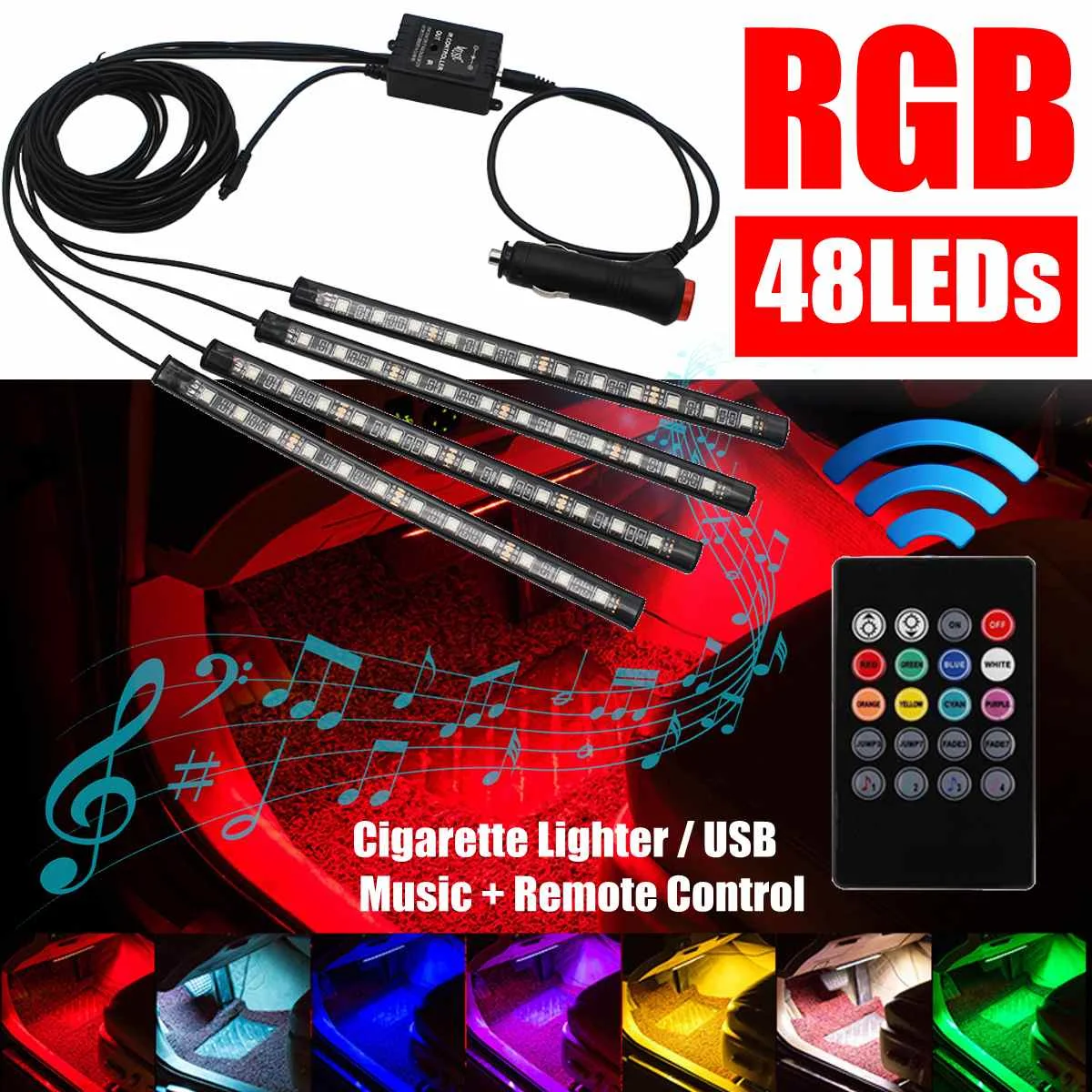 

Светодиодная ленсветильник RGB для салона автомобиля, 48/36 светодиодов