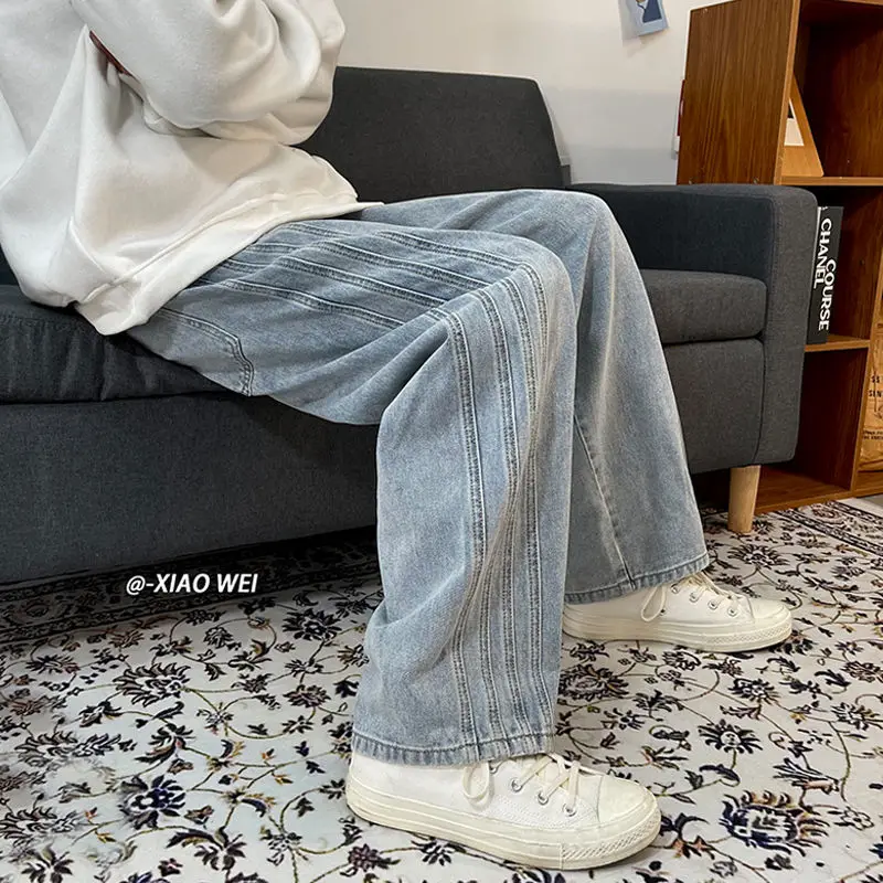 

Spring Summer Wide-leg Jeans Men Korean Fashion Casual Loose Jeans Men Harajuku Streetwear Retro Wild Straight Jeans Men