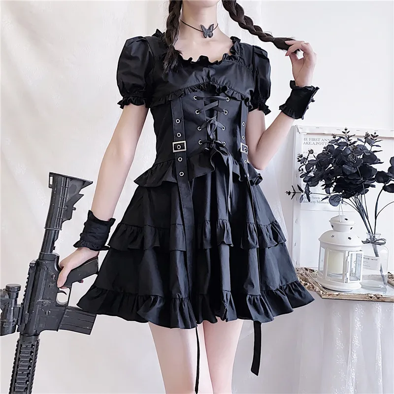 

Dark Short Sleeve Black Dress skirt high waist cake dress Lolita waist black