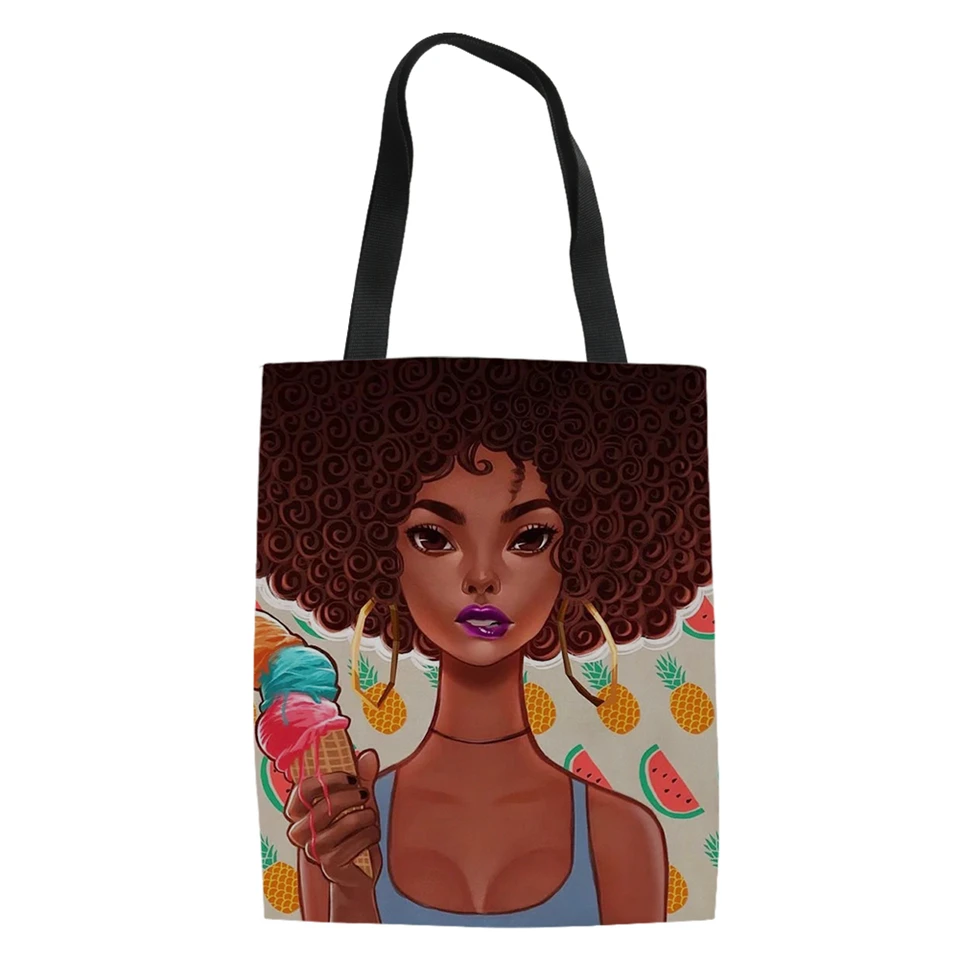 HaoYun Fashion Women Linen Bags African Girls Prints Patterner Canvas Handbags Cartoon Afro Arts Design Shopping | Багаж и сумки