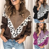 fashion women leopard patchwork sweater autumn winter long sleeve o neck sweaters ladies loose knitted pullovers knitwear
