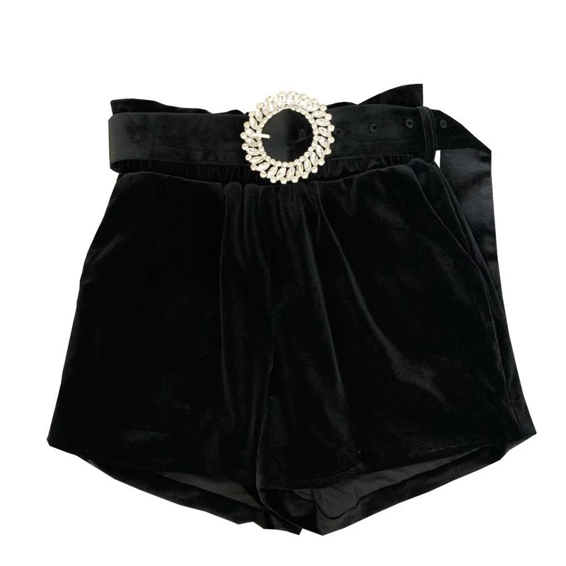 Юбка шорты с высокой талией бриллиантовой пряжкой на ремне черные бархатные