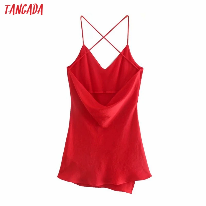 

Tangada Women's Summer Dress Fashion Red Halter Dresses Back Cross Female Casual Dress 3H148