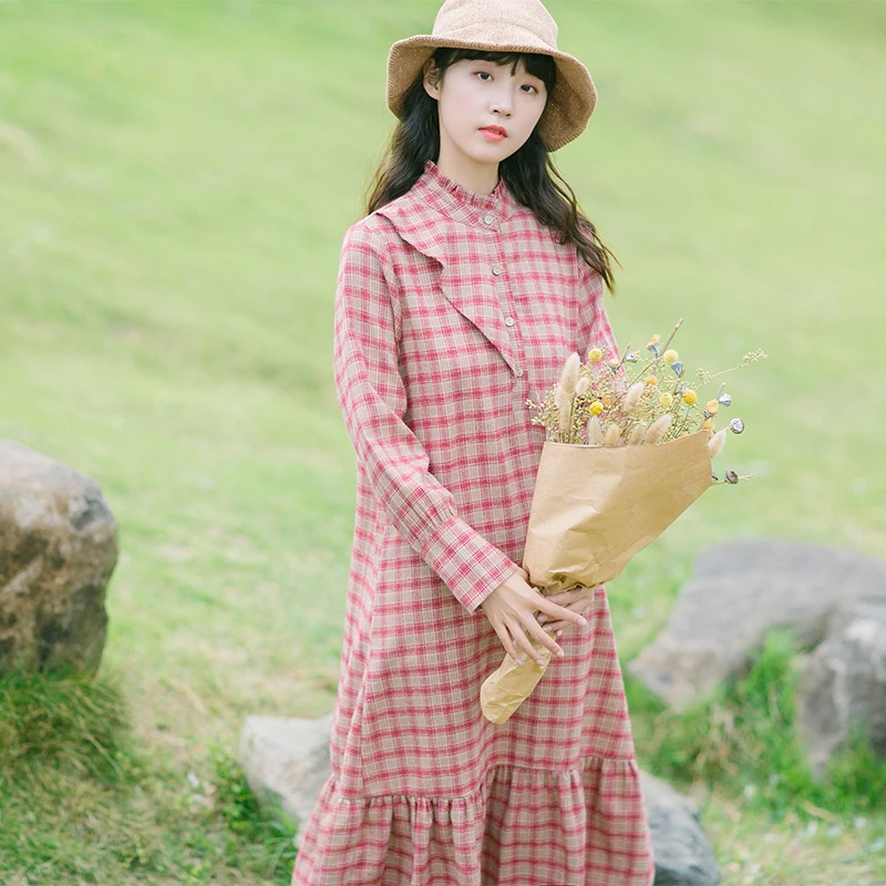 

2021 Autumn Mori Girl Plaid Midi Women Dress Casual Loose Cotton Linen Vestidos Longo Full Sleeve Vintage Elegant Ruffles Dress