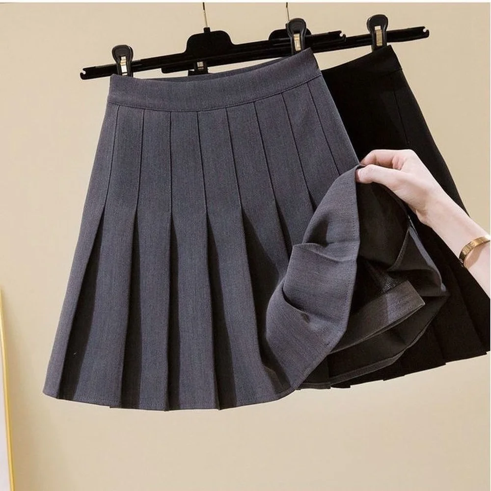 

Grey Black Coffee Skirt Female College Style High Waist Mini Skirt Spring Autumn All-match Western Pleated Mini Skirt
