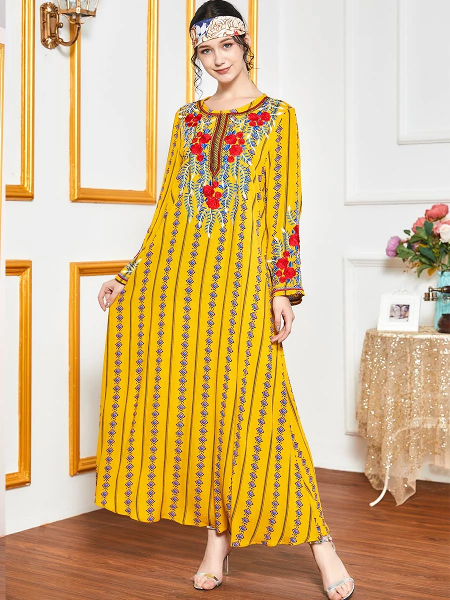 Women Abaya Dubai Turkish Pakistan Turkey Flowers Embroidery Muslim Dress Bangladesh Kaftan Yellow Plus Size Islamic Clothing |