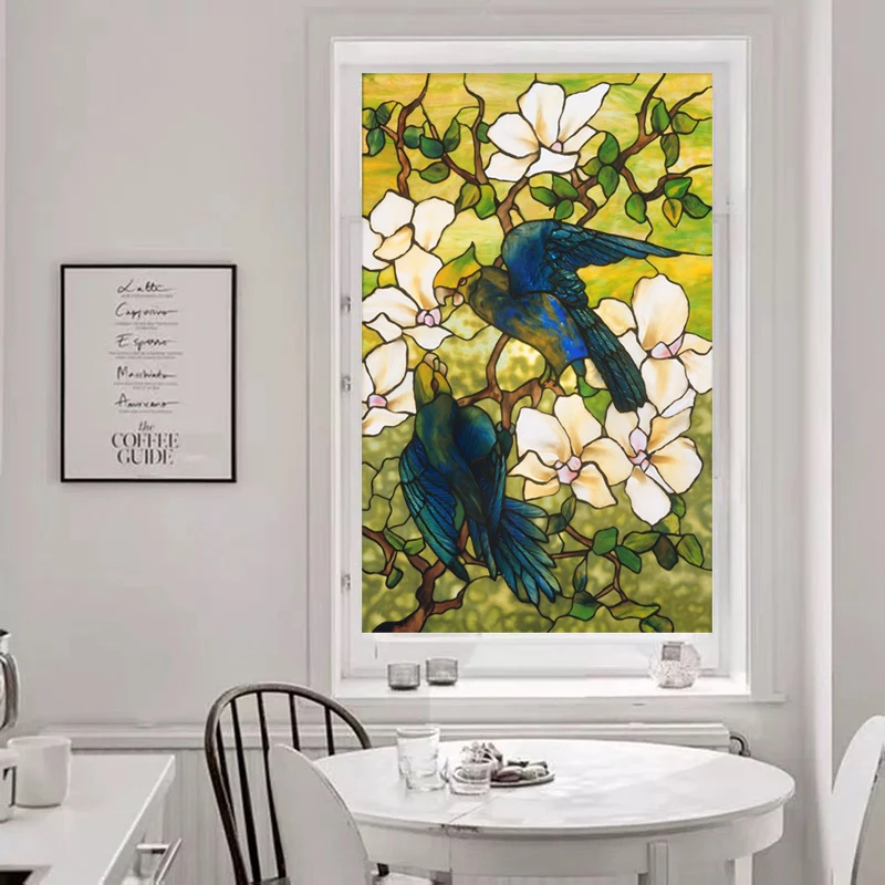 European Church Tiffany Style Glass Film Stained Window Films Opaque Static Cling Privacy Custom Size Stickers Hibiscus Parrots | Дом и сад