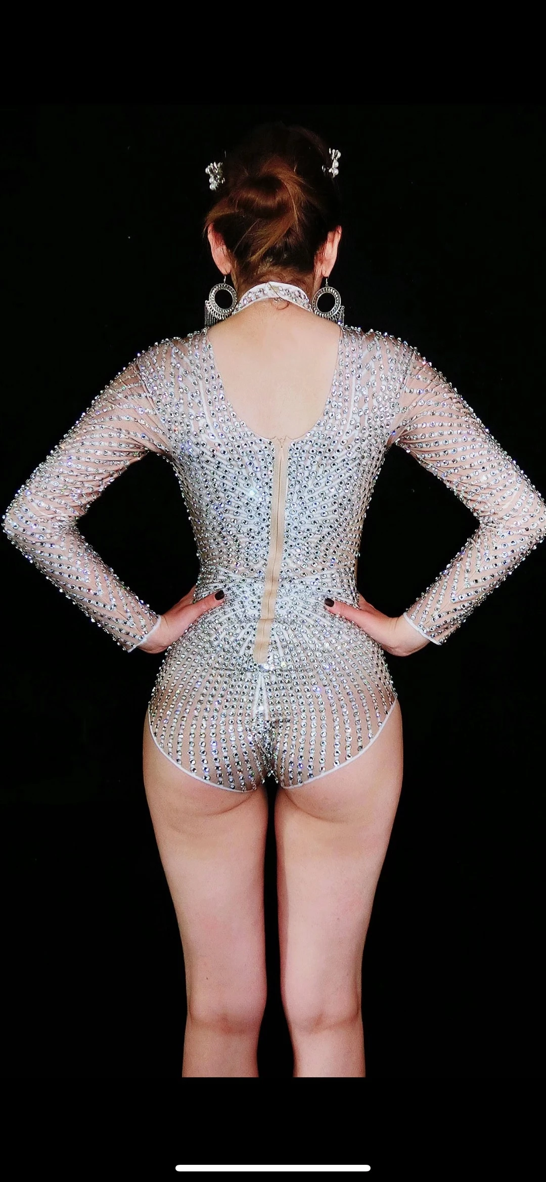 Fashion Nude Color Stretch Skinny Rhinestone Bodysuit Women Long Sleeve Crystal Party Jumpsuit Club Dancer Leotard Stage Costume