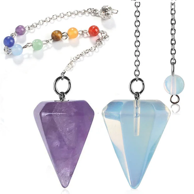 

Small Size Stone Pendulum for Dowsing Amethysts Lapis Opal Crystal Cone Healing Chakra Chain Hexagonal Pendants Jewelry