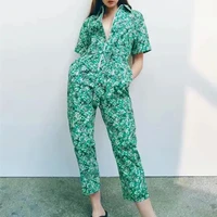 2021 zip green printed woman jumpsuit vintage lapel short sleeve summer romper chic pocket belt casual llong jumpsuits women