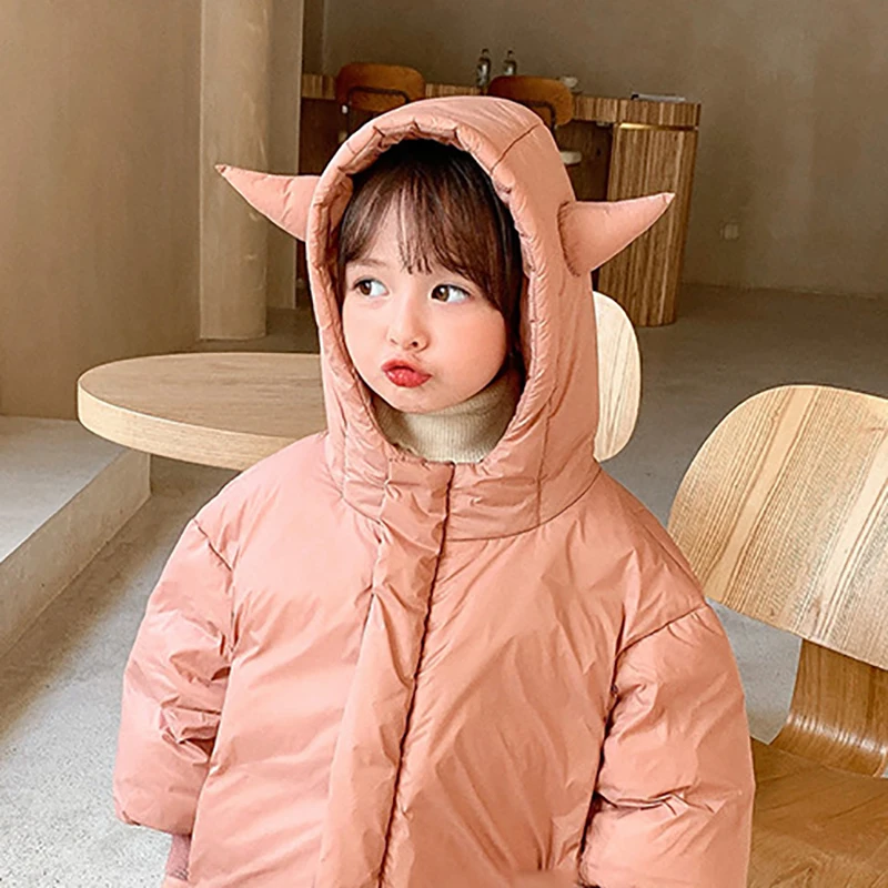 

Cute Baby Boys Girls Hooded Down Jackets Winter Kids Thick Warm Long Coats Children Fashion Casual Zipper Solid Outerwears 1-6Y