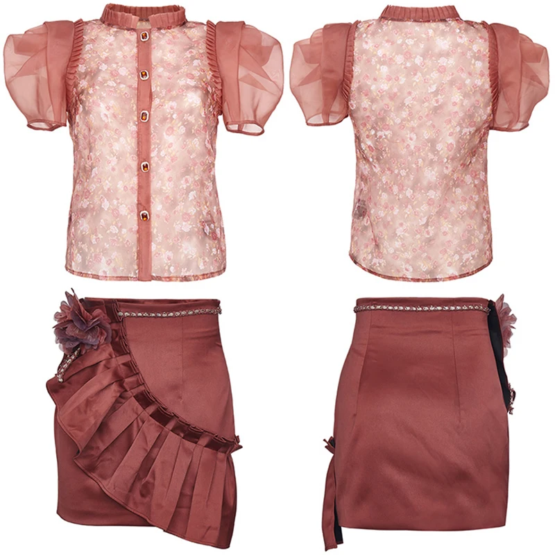 

VGH Vintage Print Shirt For Women Stand Collar Puff Short Sleeve Patchwork Lace Slim Blouses Female Summer Fashion New 2021 Tide