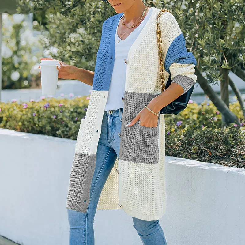 

Women Loose Style Knitted Cardigan Sweaters Variegated Color Button Long Sleeve Coat Outerwear Autumn Spring Female Ladies New