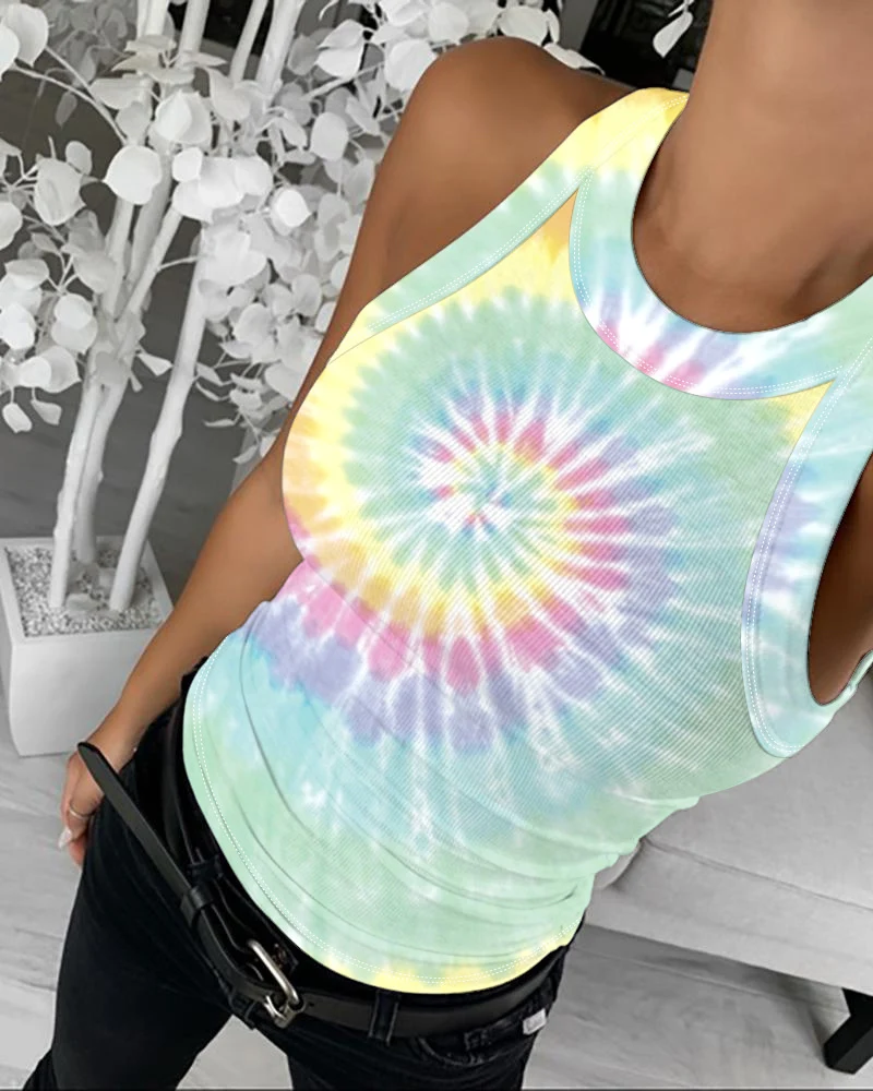 

2020 Women Fashion Summer Casual Print Tank Tops Sexy Tie Dye Print Sleeveless Casual Top