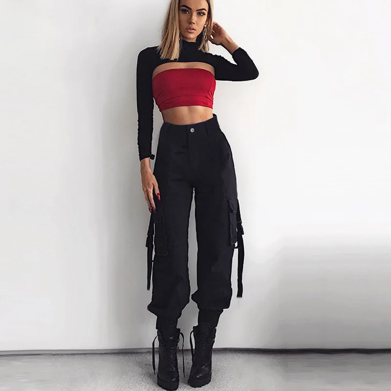 

SLLSKY Spring New Streetwear Cargo Pants Women Casual Joggers Black High Waist Pants Loose Female Trousers Ladies Pants Capri