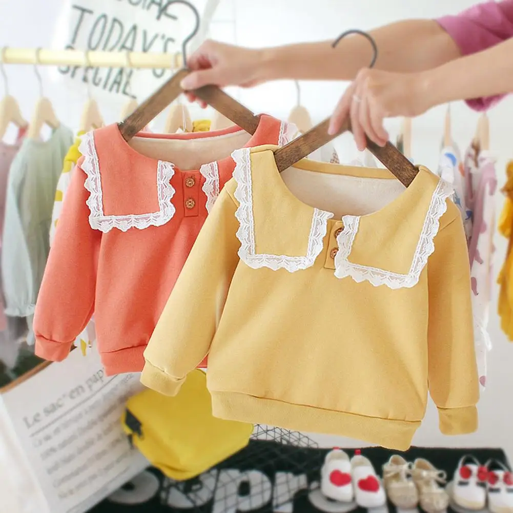 Baby Girl Kids Doll Collar Sweatershirt Cotton Warm Long-Sleeves Preppy Buttons Stitching Tops Korean Lovely Clothes