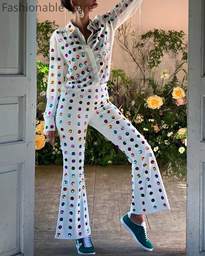 

Women's Fashion Print Shirt and Flare Pants Two-piece Set