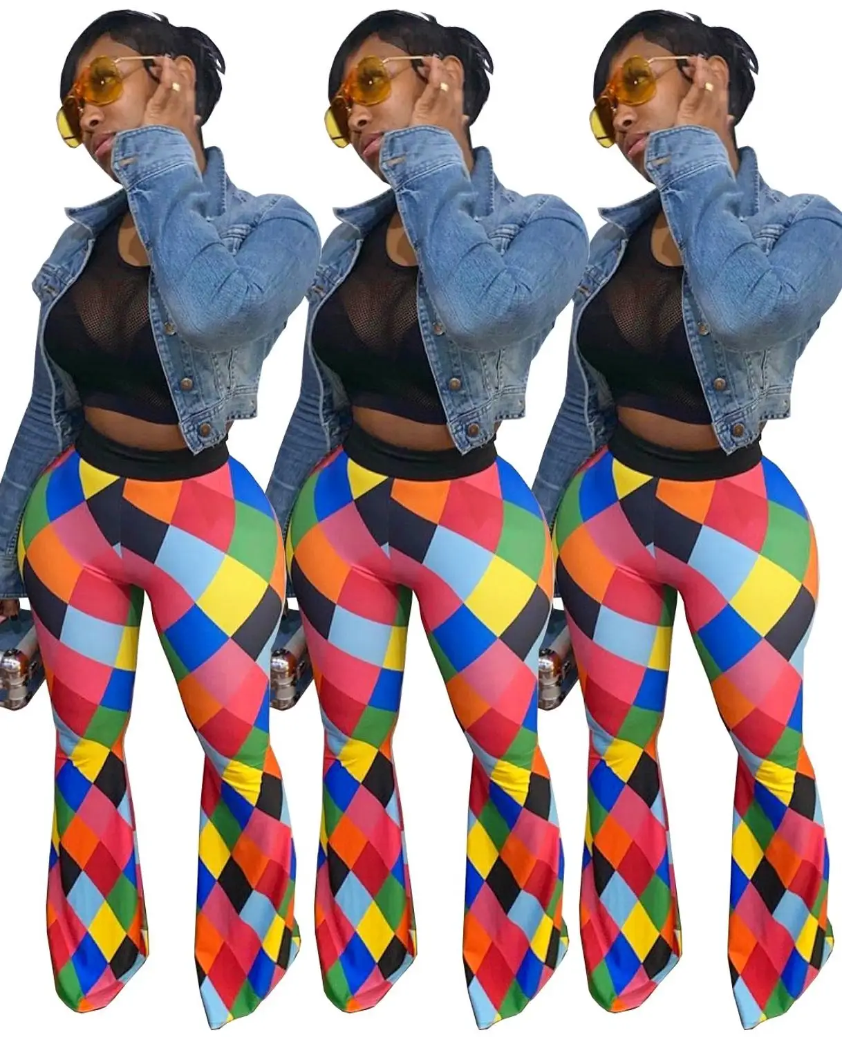 

women sexy lady paid print long pants mid waist elastic pants high street pants