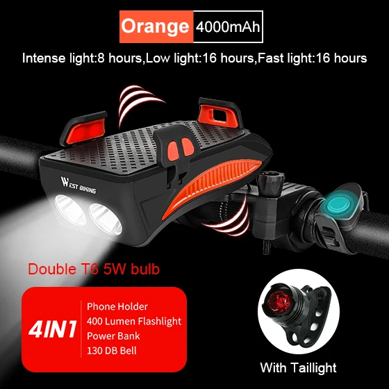 4000 mAh Orange Set WEST BIKING 4 в 1 велосипедный светильник вспышки светильник велосипед Рог сигнализации колокол держатель телефона Мощность банка для велосипеда, аксессуары для езды на велосипеде, спереди светильник - Цвет: 4000 mAh Orange Set