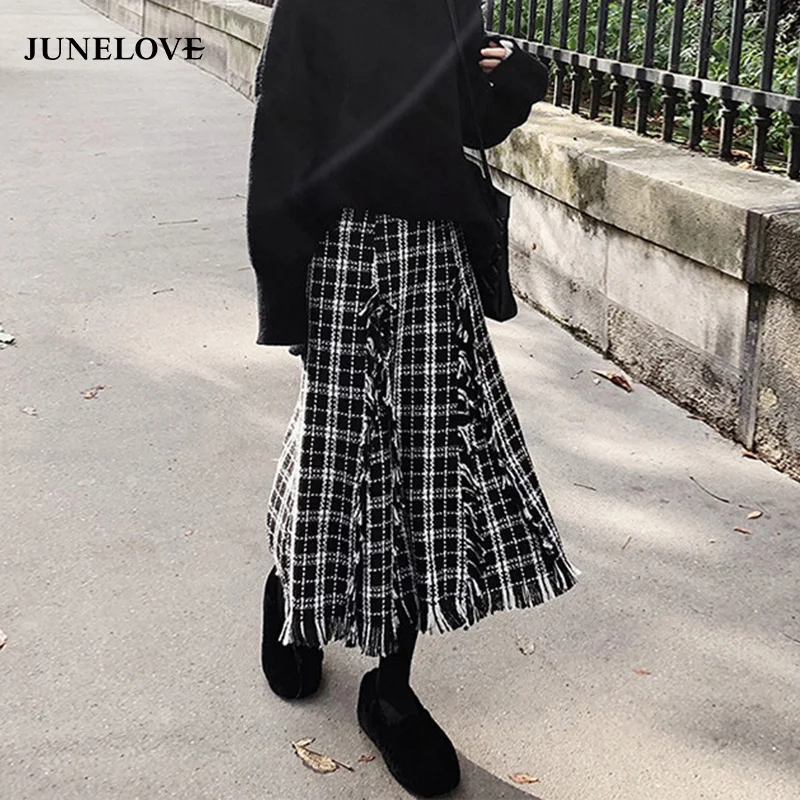Женская твидовая юбка JuneLove элегантная длинная в клетку повседневная для офиса