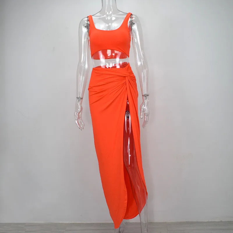 Sexy Party 2 Piece Set Women 2020 Plus Size Crop Top Twist Side Split Long Skirts Matching Sets Club Two Outfits Fit 2pcs |