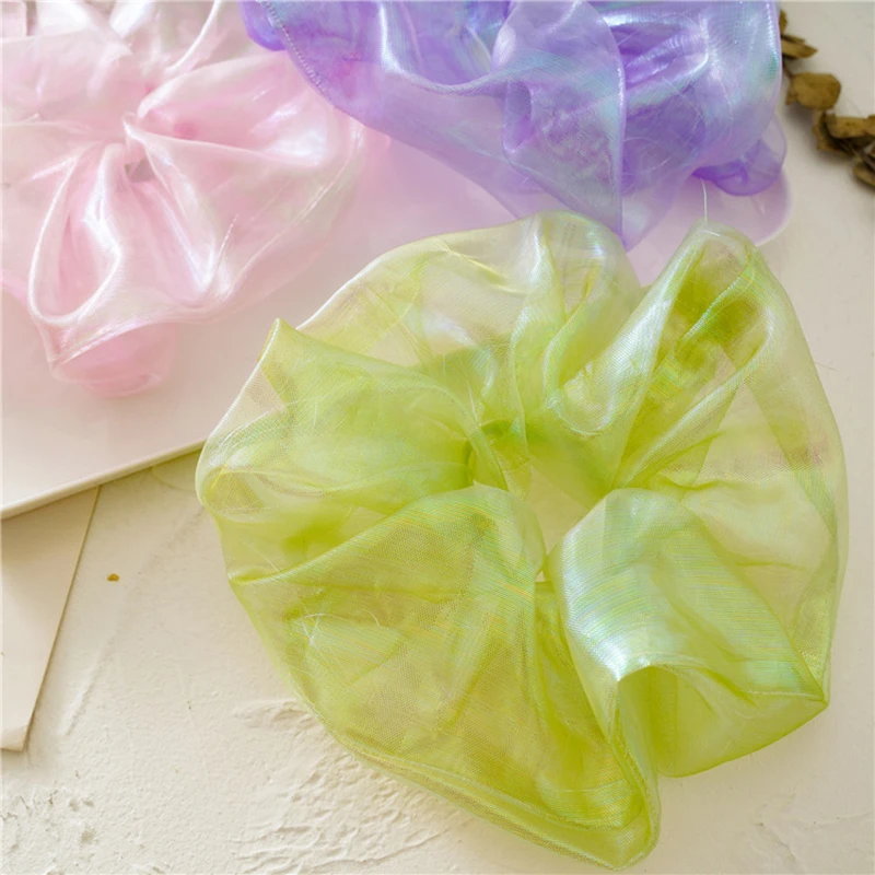 

New Women reflective Shining Organza Big Hair Scrunchies Solid Plain Hair Gums Elastic Rubber Bands Vintage Bohemian Hair Ties