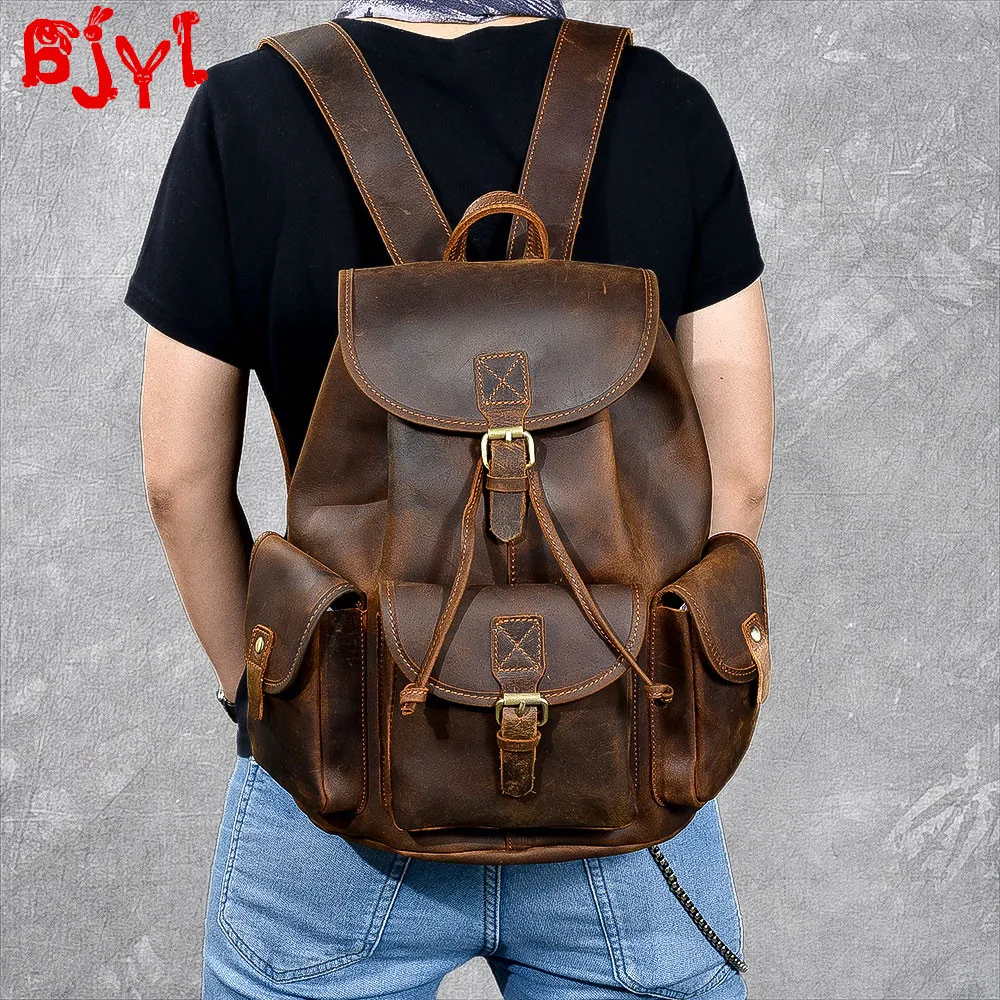 Men's Backpack Large Capacity Male Leather Travel Backpacks Drawstring Bag Retro Classic Original Handmade Crazy Horse | Багаж и сумки