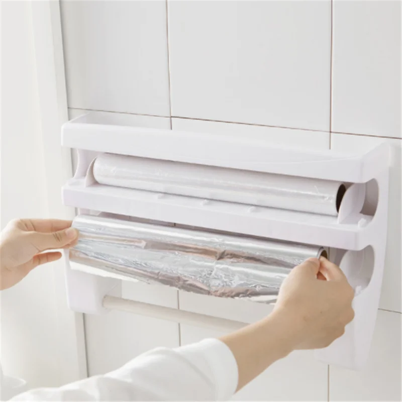 kitchen multi function plastic belt cutter wrap storage shelf wrap film cutter triple roll paper dispenser tin film towel holde free global shipping