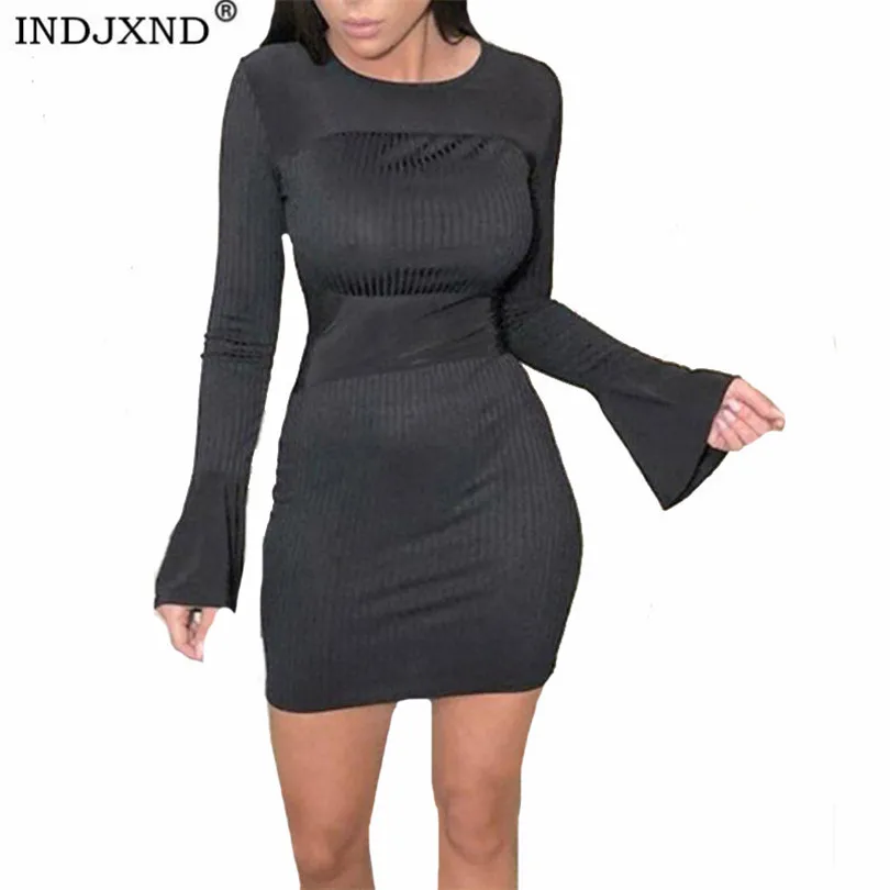 

INDJXND Women Dress Mini O Neck Dress Long Flared Sleeves Party Women Elastic Dress Vintage Bodycon Club Wear Stitching Clothes