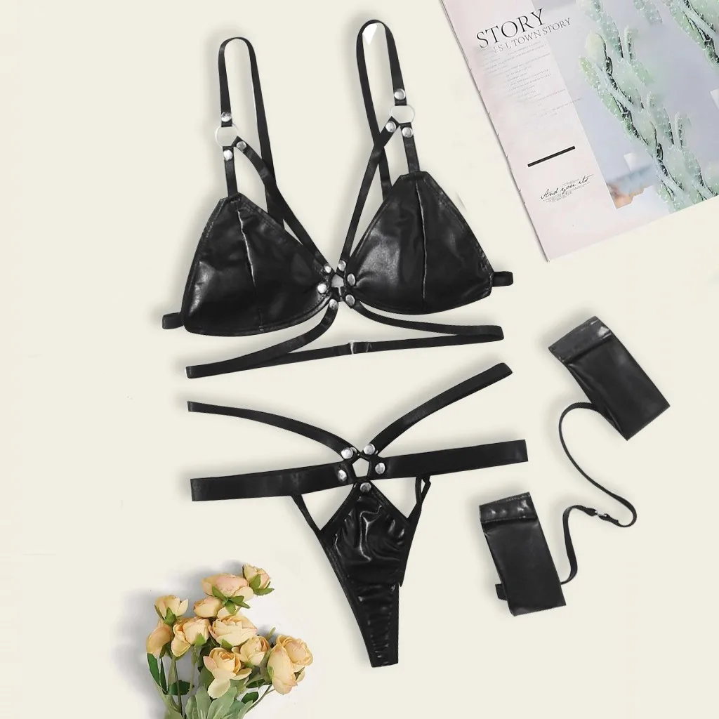 Эротическое кожаное нижнее белье Женский порно Бюстгальтер с вырезами стринги