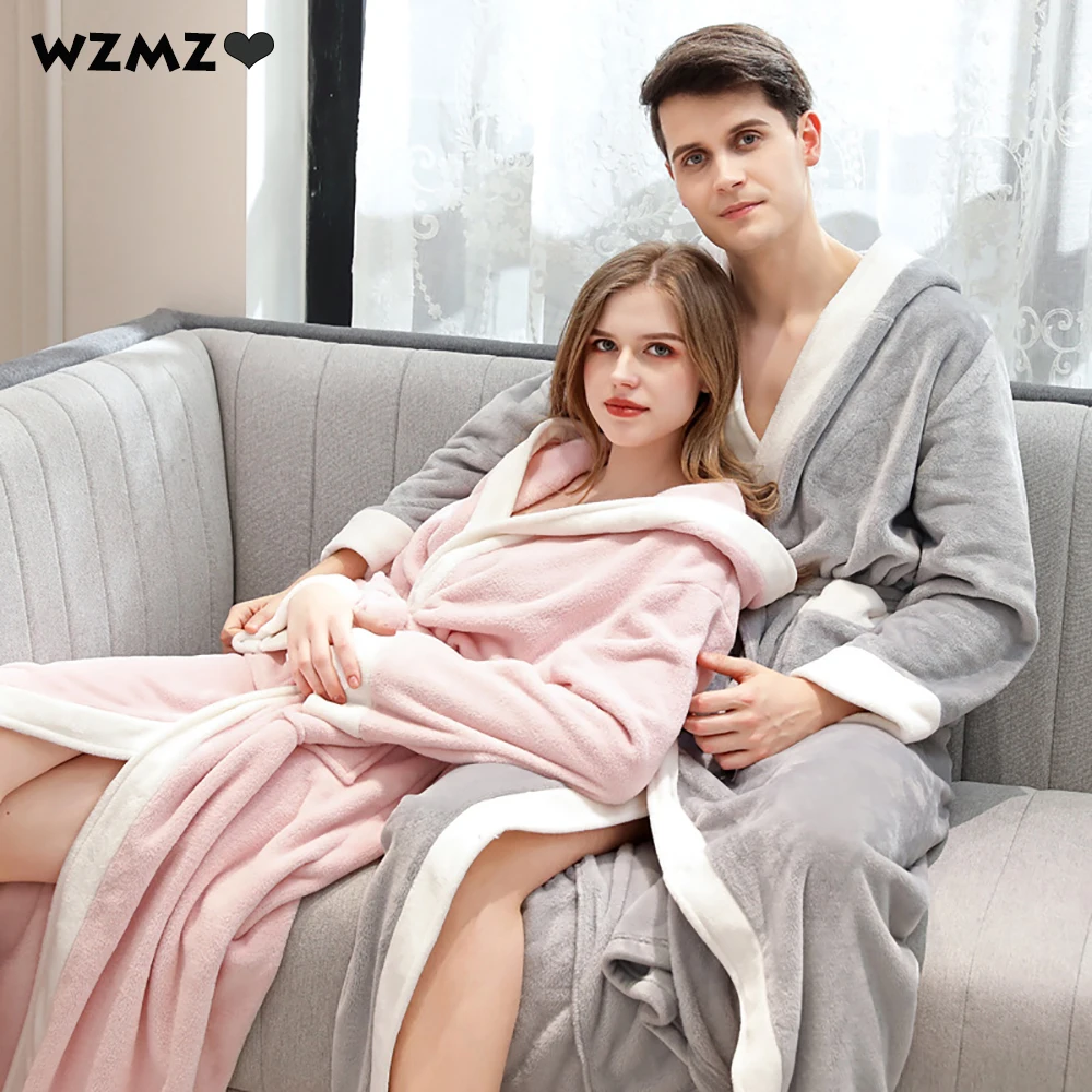 

Sexy V Neck Hooded Flannel Bathrobe Autumn Winter Female Thick Warm Long Dresses Robes for Women Night Dress Patchwork Pijama