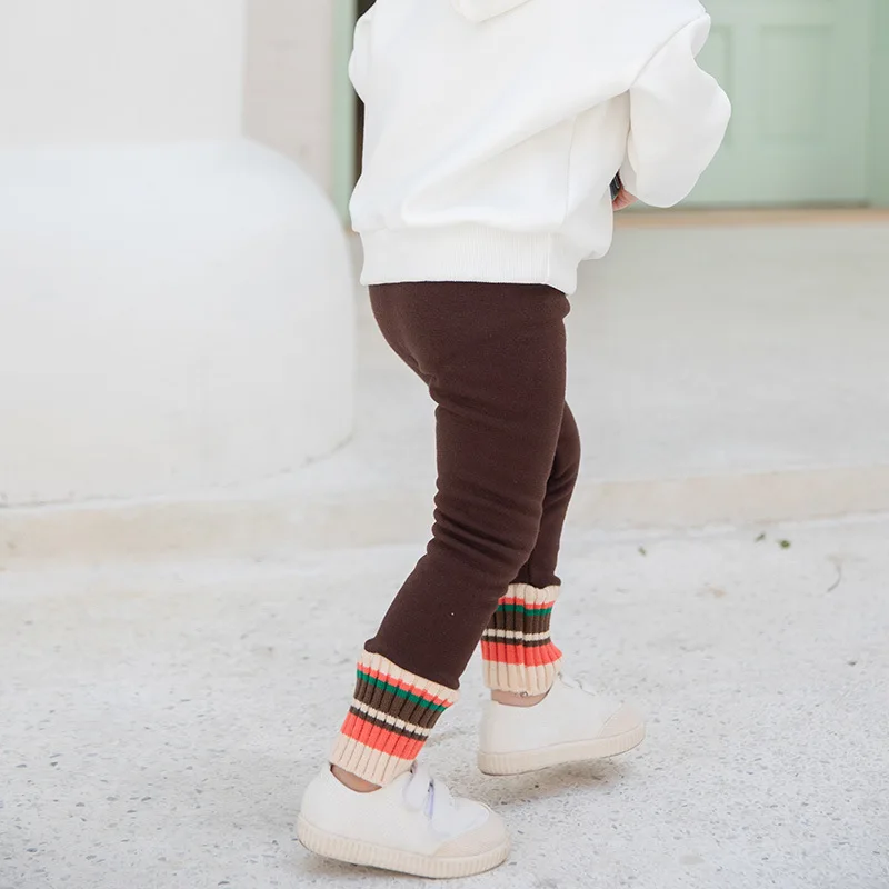 Детские теплые брюки осенне-зимние плюшевые леггинсы полосатые штаны-карандаш