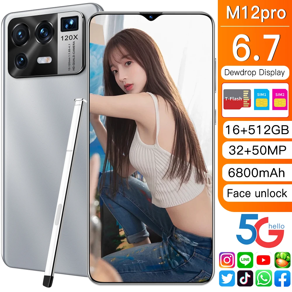 

Global Version 6.7 Inch M12 Pro 6800mAh Andorid Smartphone 16+512G 10 Core Support Google Face ID Dual SIM 5G Notework Cellphone