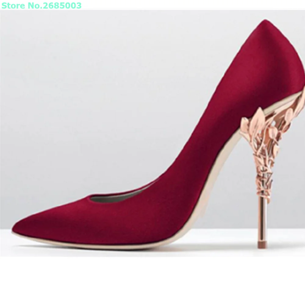 

Pointed Toe Stiletto Metal Heels Pumps Branches Leaves Shallow Solid Abkle Women Concise Spring Party Dress Wedding Shoes Pumps