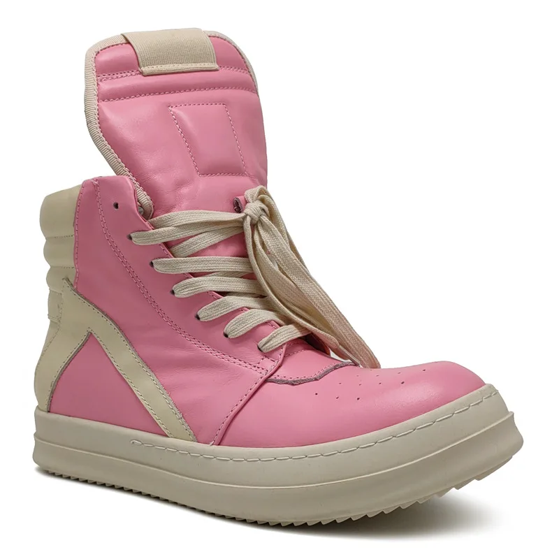 

Women Ankle Boot Genuine Leather Men Sneakers High-TOP Luxury Brand Winter Riding Boots Lace Up Casual Zip Pink Shoes Unisex 2A