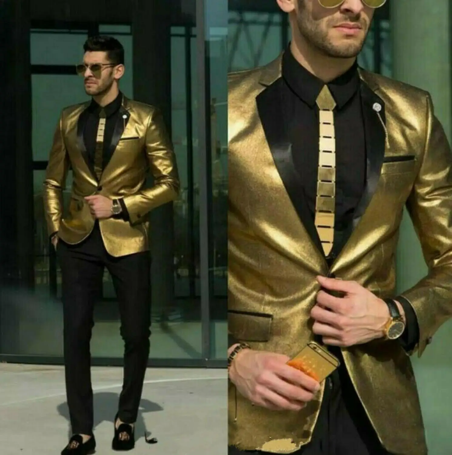 Винтажный Блестящий золотистый мужской костюм облегающие костюмы для ужина